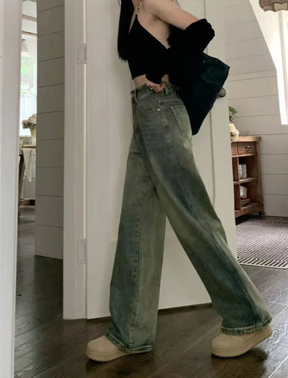 Vintage 90S Baggy Straight Denim Trousers Female Y2K High Waist Loose Wide Leg Jeans Women Streetwear All-Match Casual Pants New