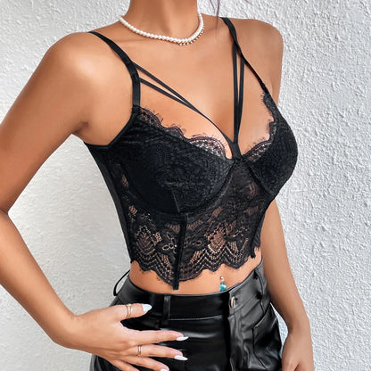 Vemina Lace Hollowing Mesh See Through Sleeveless Crop Top,Nightclub Style Sexy Embroidery Floral Halter Camisole Vneck Corset