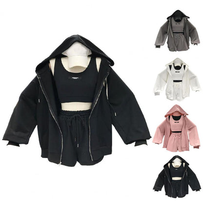 1 Set Casual Three Pieces Women Coat Drawstring Shorts Vest Set Breathable Women Hoodie Pocket Design Zipper Closure for Female