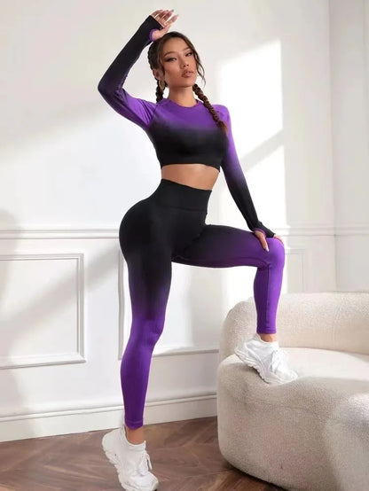 Women Yoga 2 Pieces Workout Outfits Seamless High Waist Leggings Sports Crop Top Running Clothes Sets