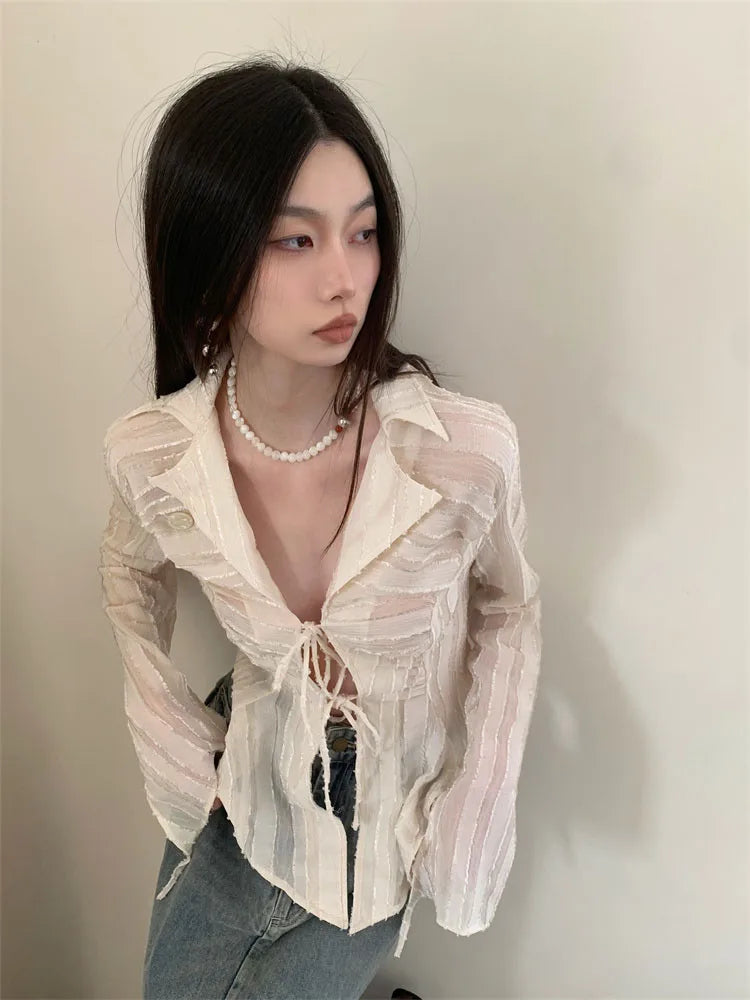 Yedinas Fairycore Lace Up Blouse Women Long Sleeve Spring 2023 New Turn-down Collar Women Shirt Ladies Tops Korean Fashion Chic