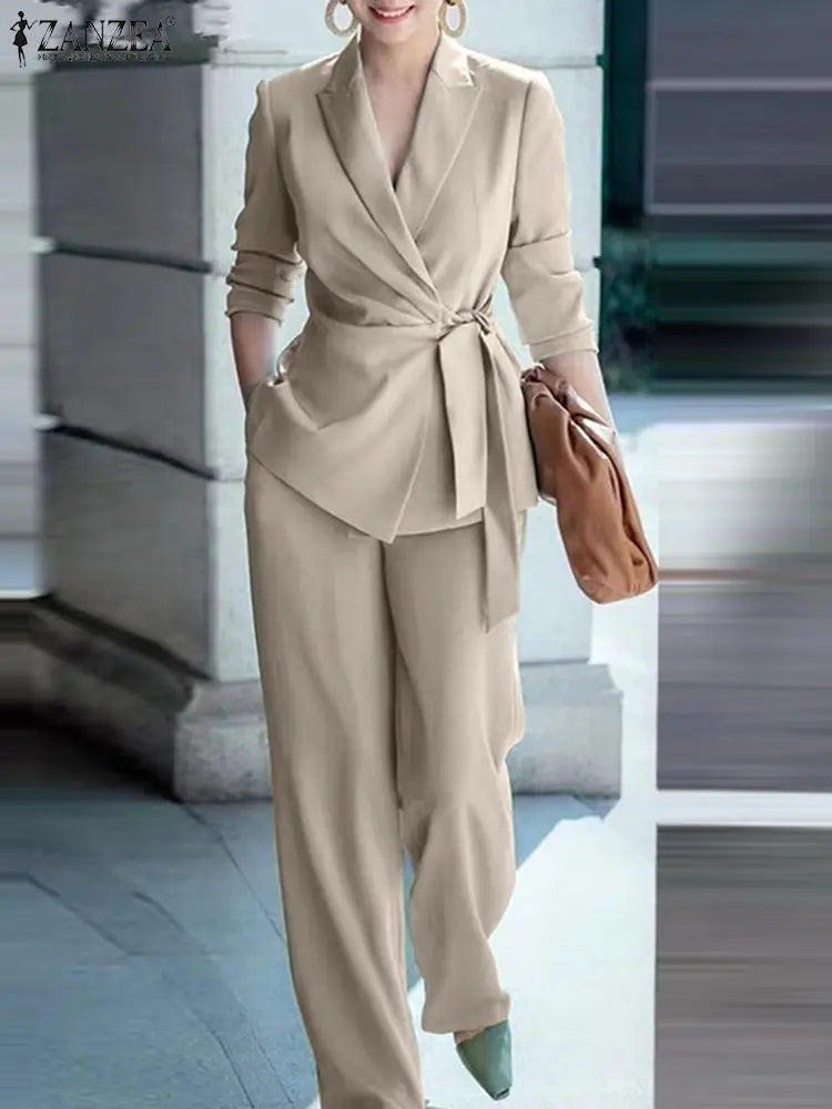 ZANZEA Elegant OL Work Suit Women Solid Blazer & Wide Leg Pant Sets Fashion 2PCS Urban Tracksuits Ladies Office Outfits Oversize