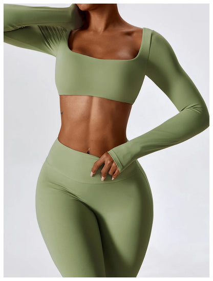 2 Pieces Women Tracksuit Yoga Set Workout Sportswear Gym Clothing Fitness Long Sleeve Crop Top High Waist Leggings Sports Suits