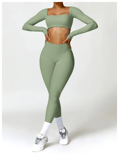 Women Tracksuit Yoga Set 2PCS Sportswear Workout Clothes Athletic Wear Gym Legging Fitness Bra Crop Top Long Sleeve Sports Suits