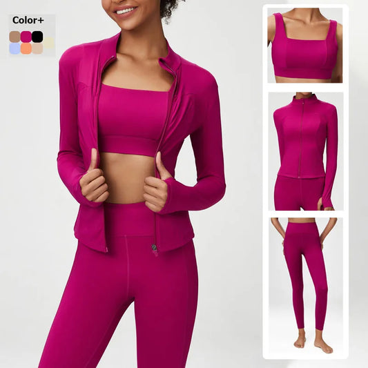 2/3 Pieces Fitness Yoga Set Women Solid Color Stretch Athletic Suit Sexy Bra Zipper Jacket High Waist Leggings Female Sportswear