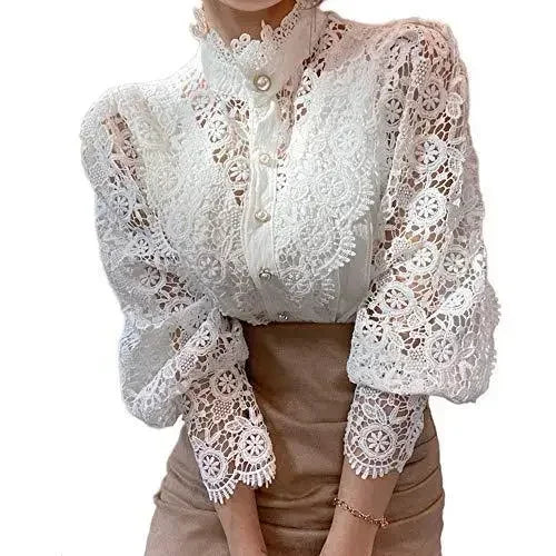 Women White Lace Blouse Big size Sexy Long Sleeve Lace Basic Shirt Top Spring Summer Korea Elegant Flower Blouse Office Outfit