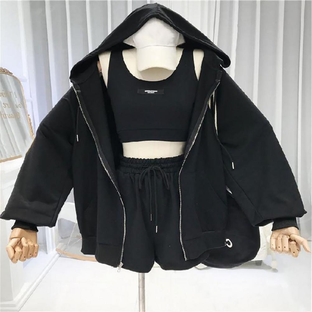 1 Set Casual Three Pieces Women Coat Drawstring Shorts Vest Set Breathable Women Hoodie Pocket Design Zipper Closure for Female