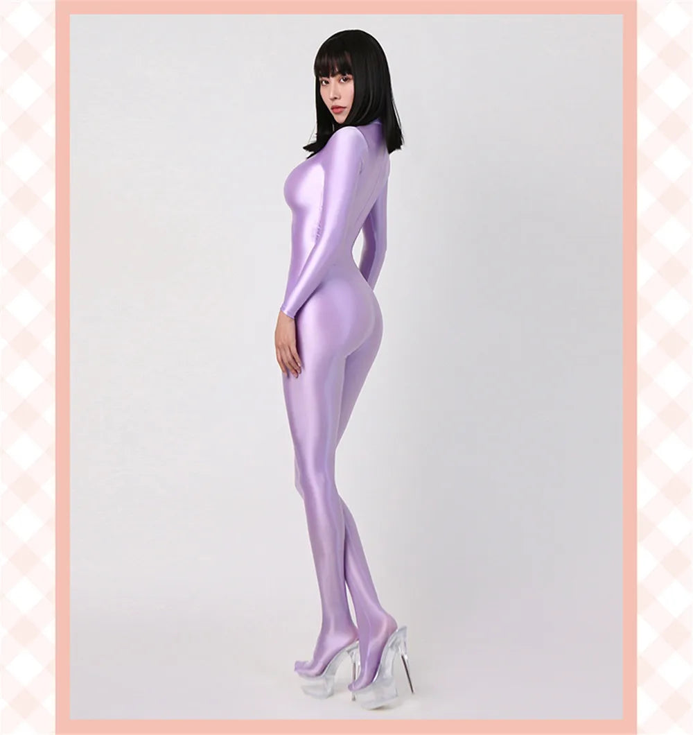 Women Oily Glossy Long Sleeve Elastic Bodysuit Bodycon Rompers One-piece Swimsuit Silky Tights Satin Pantyhose Jumpsuits Thong