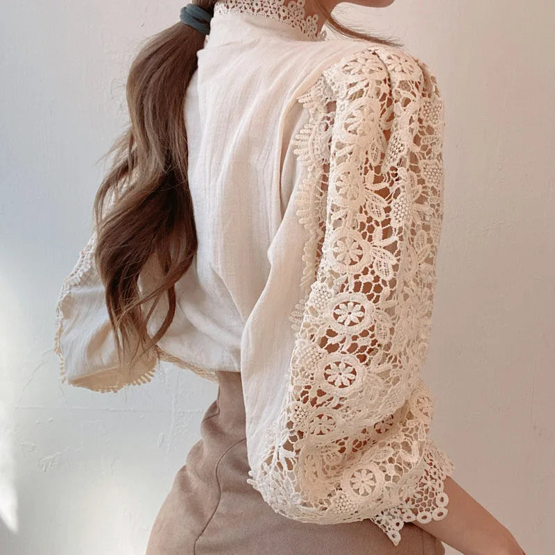 Women's Elegant Embroidery Lace Blouses Flower Petal Sleeve Hollow Out Stand Collar Tunic Spring Solid White Shirt Top For Women