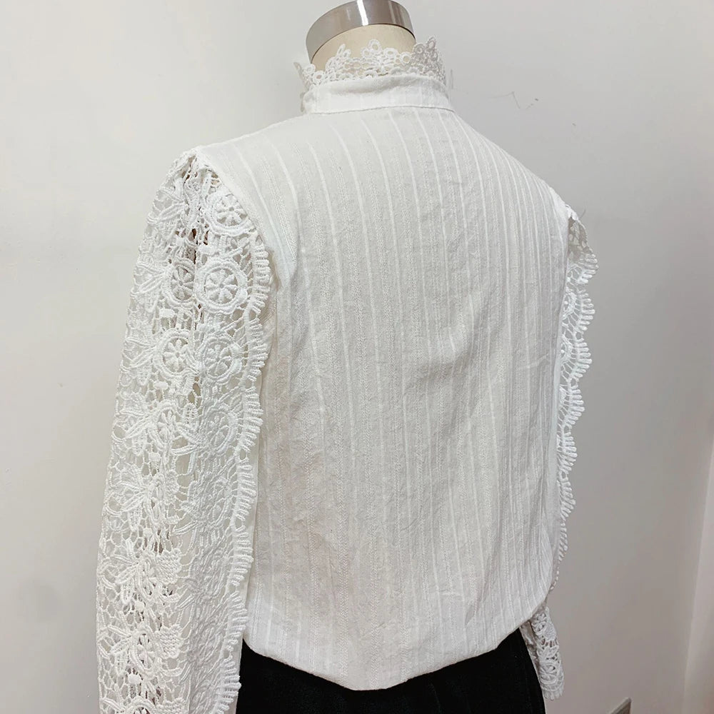 Women's Elegant Embroidery Lace Blouses Flower Petal Sleeve Hollow Out Stand Collar Tunic Spring Solid White Shirt Top For Women