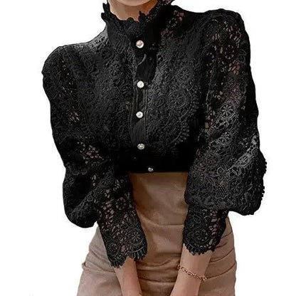 Women White Lace Blouse Big size Sexy Long Sleeve Lace Basic Shirt Top Spring Summer Korea Elegant Flower Blouse Office Outfit