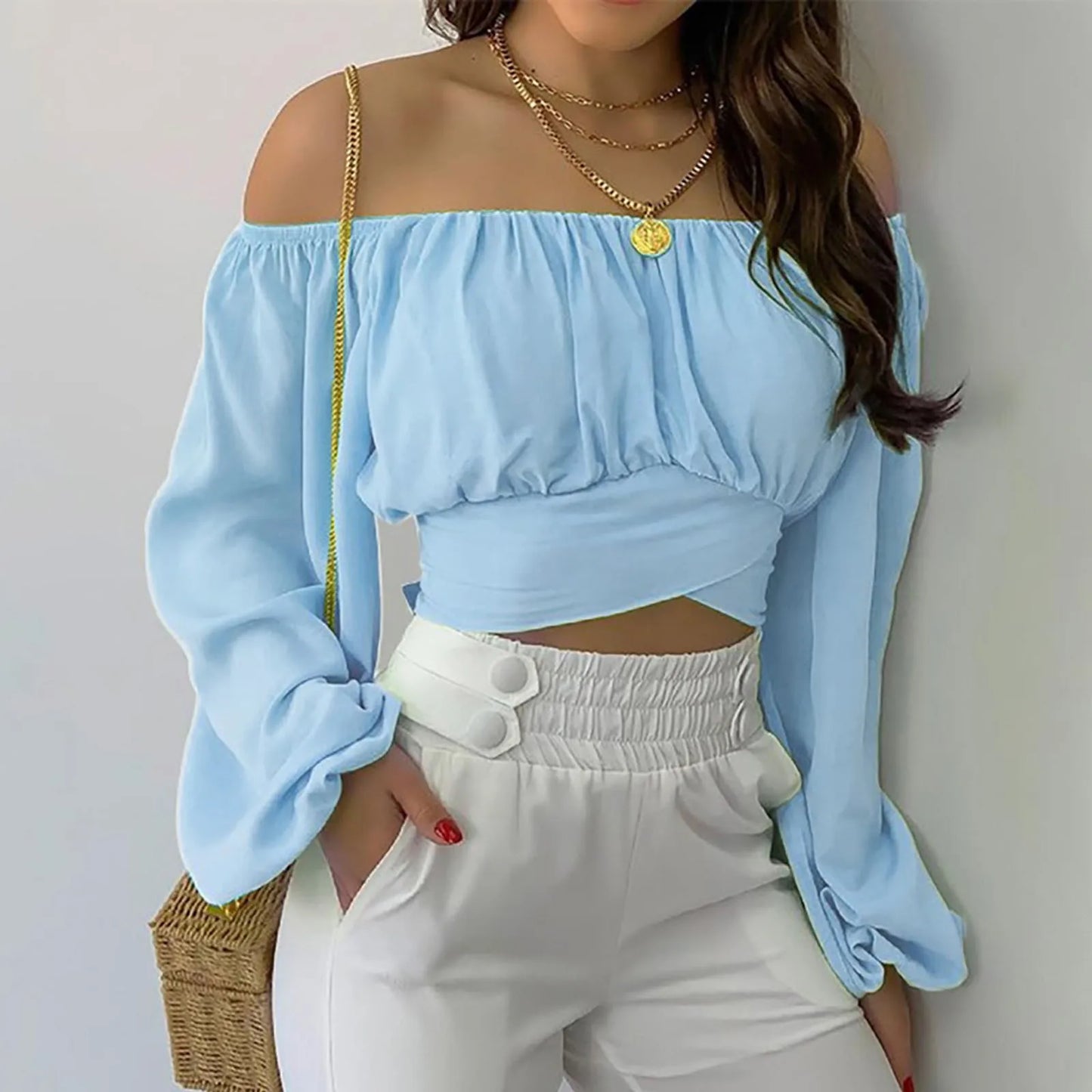 Women Sexy Off Shoulder Printing Blouses Chic and Elegant Lantern Long Sleeve Lace Up Bow Cropped Tops Casual Slim Shirts 2023