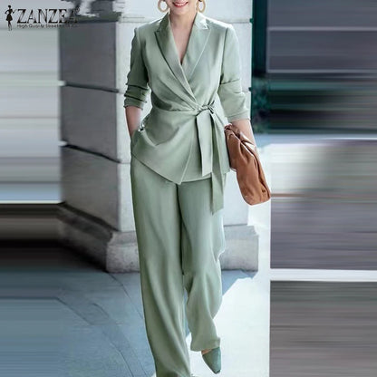 ZANZEA Elegant OL Work Suit Women Solid Blazer & Wide Leg Pant Sets Fashion 2PCS Urban Tracksuits Ladies Office Outfits Oversize