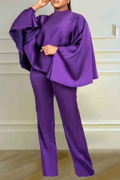 Winter Fashion Satin Two Piece Set African Women Elegant Solid  Loose Batwing Sleeves Top Wide Leg Pants Two Piece Set Women