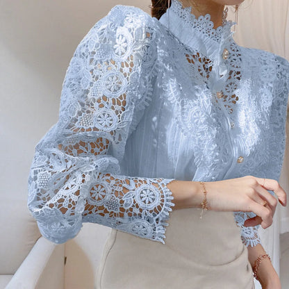 Women's Elegant Embroidery Lace Blouses Flower Petal Sleeve Hollow Out Stand Collar Tunic Spring Solid White Shirt Top For Women