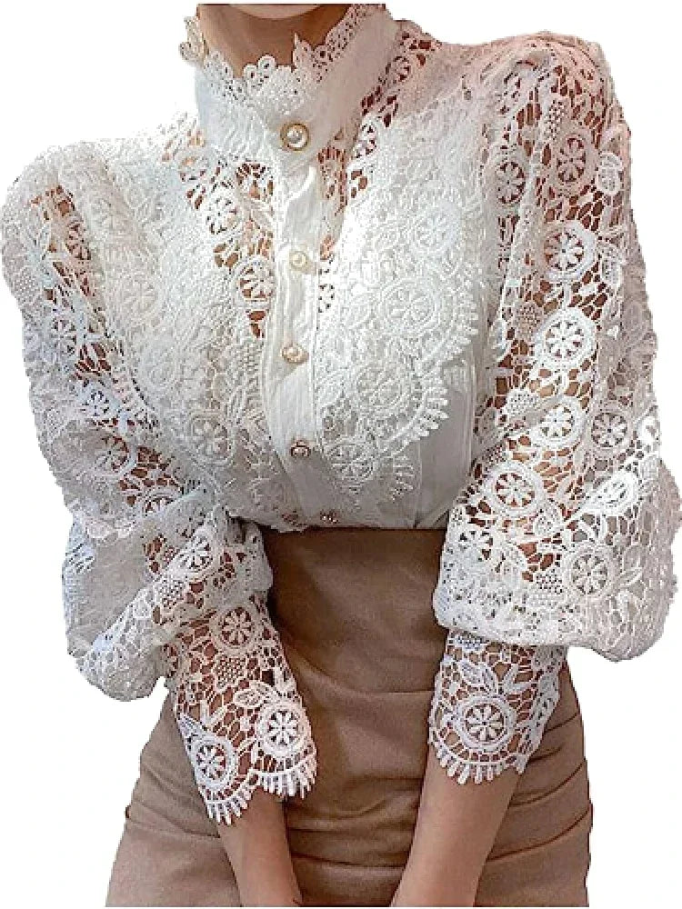 Women White Lace Blouse Big size Sexy Long Sleeve Lace Basic Shirt Top Spring Summer Korea Elegant Flower Blouse Office Outfit