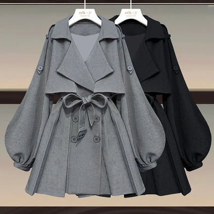 Women's 2023 Autumn/Winter New Fashion Waist Jacket Midi Skirt Two Piece Suit Korean Elegant Loose Coat Dress Matching Set