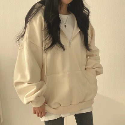 Women Hoodie Harajuku Loose Oversized Solid Color Top Half Zip Up Sweatshirt Female Casual Long Sleeve Pocket Hooded Coats 2024