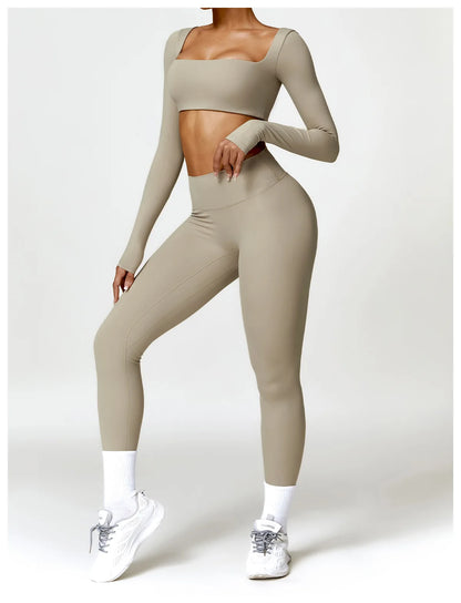 Women Tracksuit Yoga Set 2PCS Sportswear Workout Clothes Athletic Wear Gym Legging Fitness Bra Crop Top Long Sleeve Sports Suits