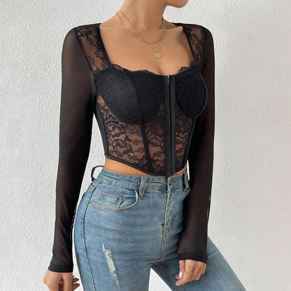 Vemina Selection of Autumn Backless Sexy Lace Long Sleeve Women Blouse,Black Embroidery Floral Bare Shoulder Bodycon Crop Top