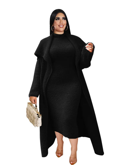 Wmstar Plus Size Women Clothing Dress Sets 2 Piece Outfits Dresses and Cardigan Matching Suit Wholesale Dropshipping (with Belt)