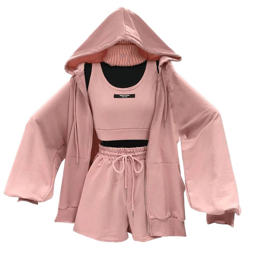 1 Set Casual Three Pieces Women Coat Drawstring Shorts Vest Set Breathable Women Hoodie Pocket Design Zipper Closure for Female