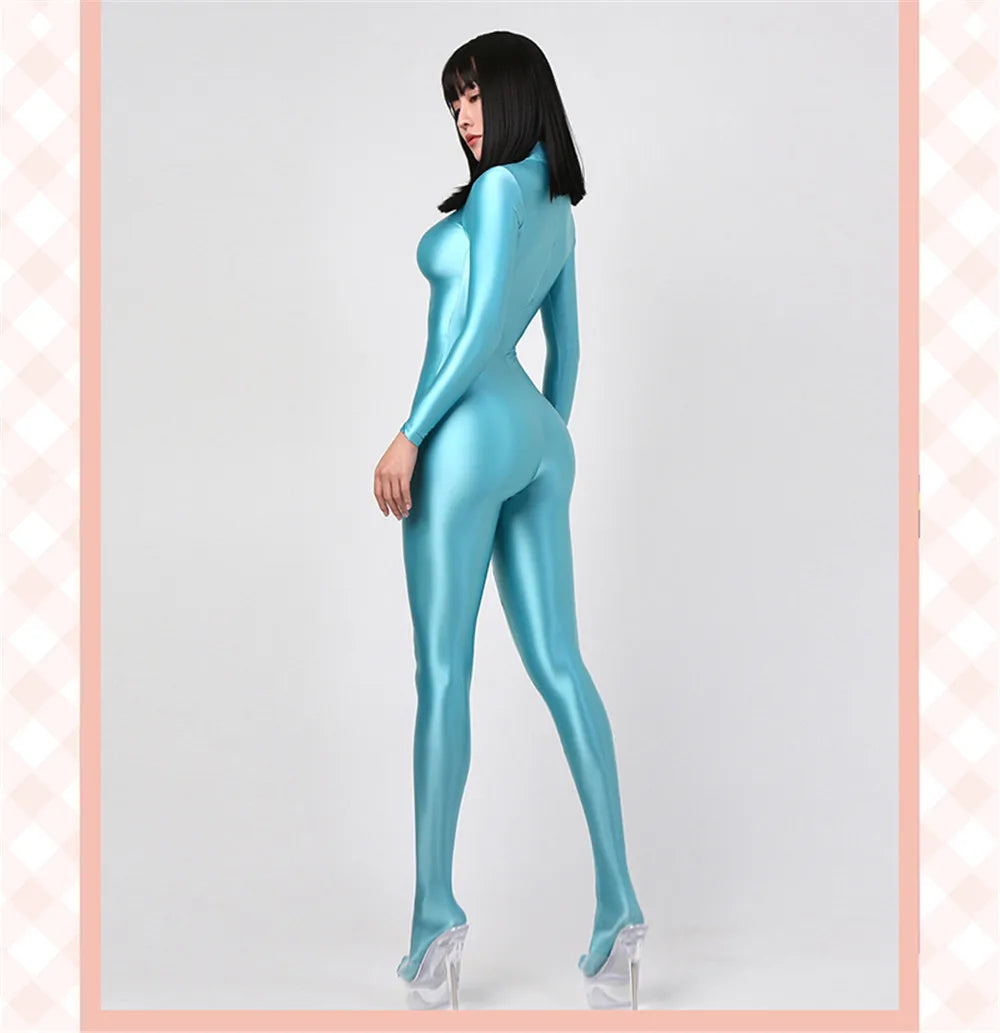 Women Oily Glossy Long Sleeve Elastic Bodysuit Bodycon Rompers One-piece Swimsuit Silky Tights Satin Pantyhose Jumpsuits Thong