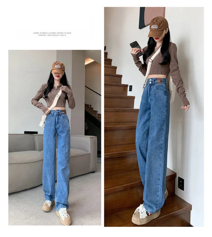 Winter Jeans Women Fleece Warm Denim Trousers High Waist Casual Loose Female Denim Pants Thick Velvet Cotton Wide Leg Woman Jean