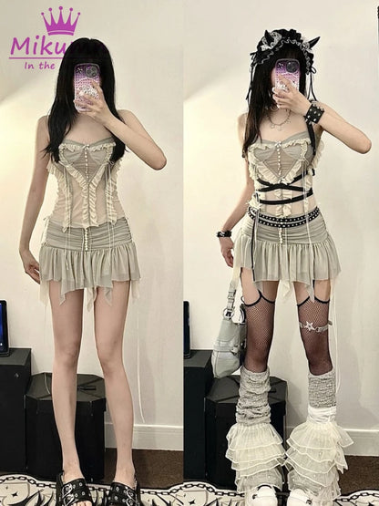 Y2k Two Piece Set Outfit Aesthetic Fairy Grunge Mesh Irregular Short Skirt And Crop Top 2023 Summer New Chic Women Matching Sets