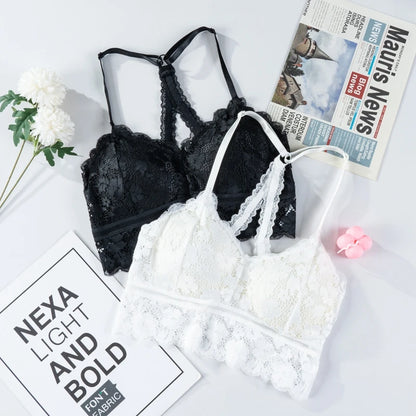 Women White Crop Tops Lace Print Camisole Sexy Hollow Backless Bra Removable Chest Pad Bralette Solid Beauty Back Tank Top