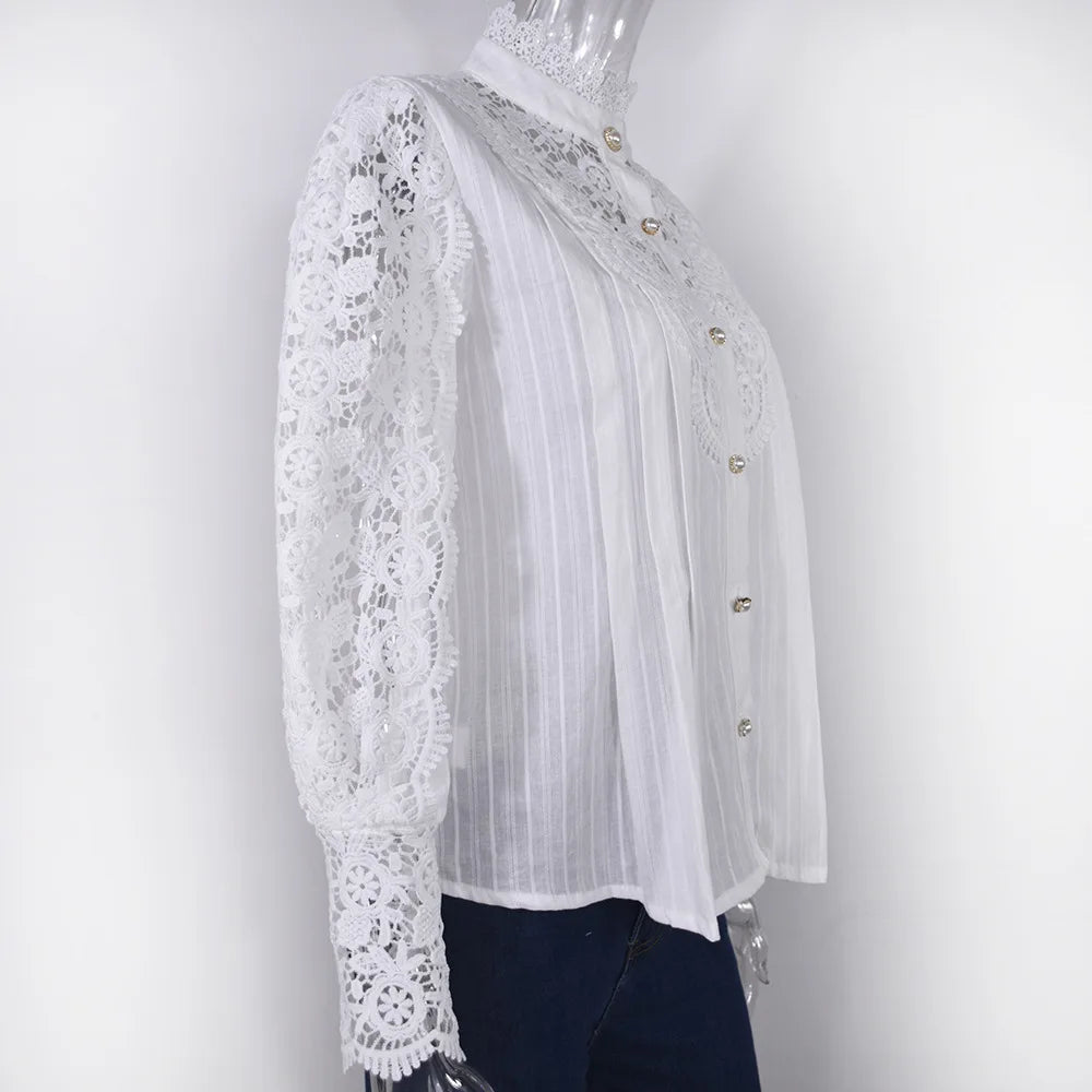 Women White Lace Blouse Big size Sexy Long Sleeve Lace Basic Shirt Top Spring Summer Korea Elegant Flower Blouse Office Outfit