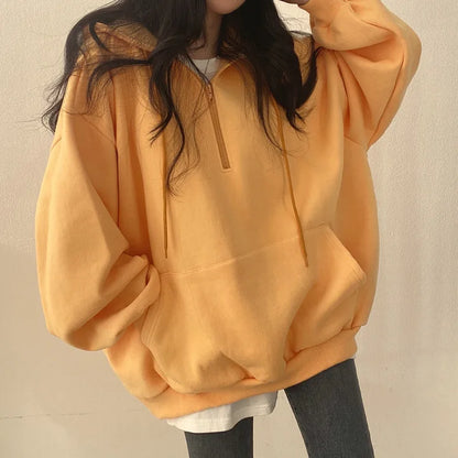 Women Hoodie Harajuku Loose Oversized Solid Color Top Half Zip Up Sweatshirt Female Casual Long Sleeve Pocket Hooded Coats 2024