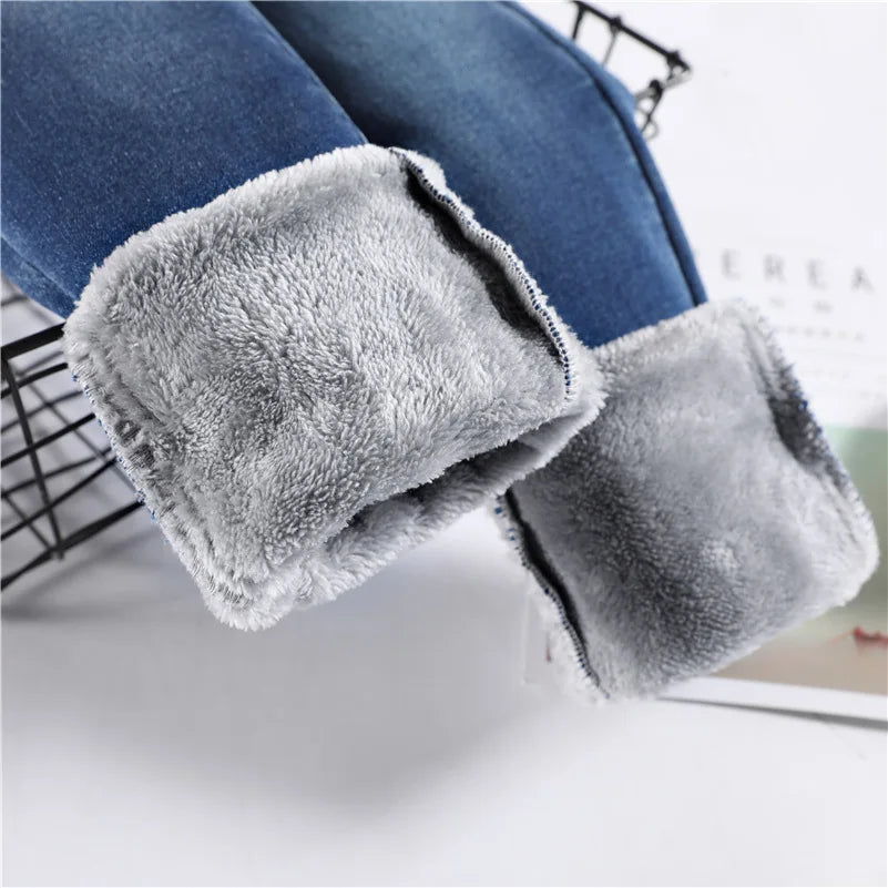 Women Thermal Jeans Winter Snow Warm Plush Stretch Jeans Lady Skinny Thicken Fleece Students Pants Female Retro Blue Trousers