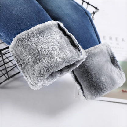 Women Thermal Jeans Winter Snow Warm Plush Stretch Jeans Lady Skinny Thicken Fleece Students Pants Female Retro Blue Trousers