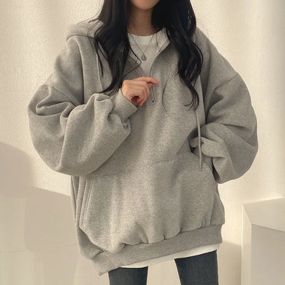 Women Hoodie Harajuku Loose Oversized Solid Color Top Half Zip Up Sweatshirt Female Casual Long Sleeve Pocket Hooded Coats 2024