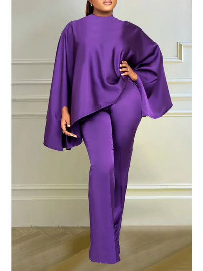 Winter Fashion Satin Two Piece Set African Women Elegant Solid  Loose Batwing Sleeves Top Wide Leg Pants Two Piece Set Women