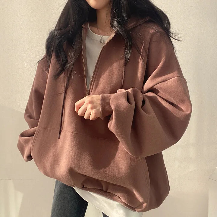 Women Hoodie Harajuku Loose Oversized Solid Color Top Half Zip Up Sweatshirt Female Casual Long Sleeve Pocket Hooded Coats 2024