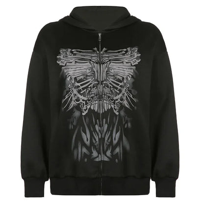 Y2K Gothic Butterfly Print Oversize Zip Up Hoodies 2024 Winter New Grunge Long Sleeve Sweatshirt Casual Hooded Jacket Streetwear