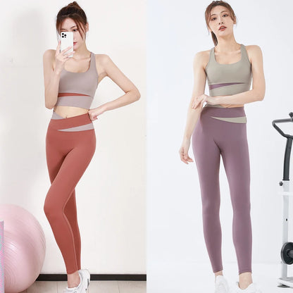 vHigh Waist Yoga Set Lady Gym Suit Sport Set Shockproof Sport Bra Crop Top Patchwork Tracksuit Women Fitness Outfit Training Wear