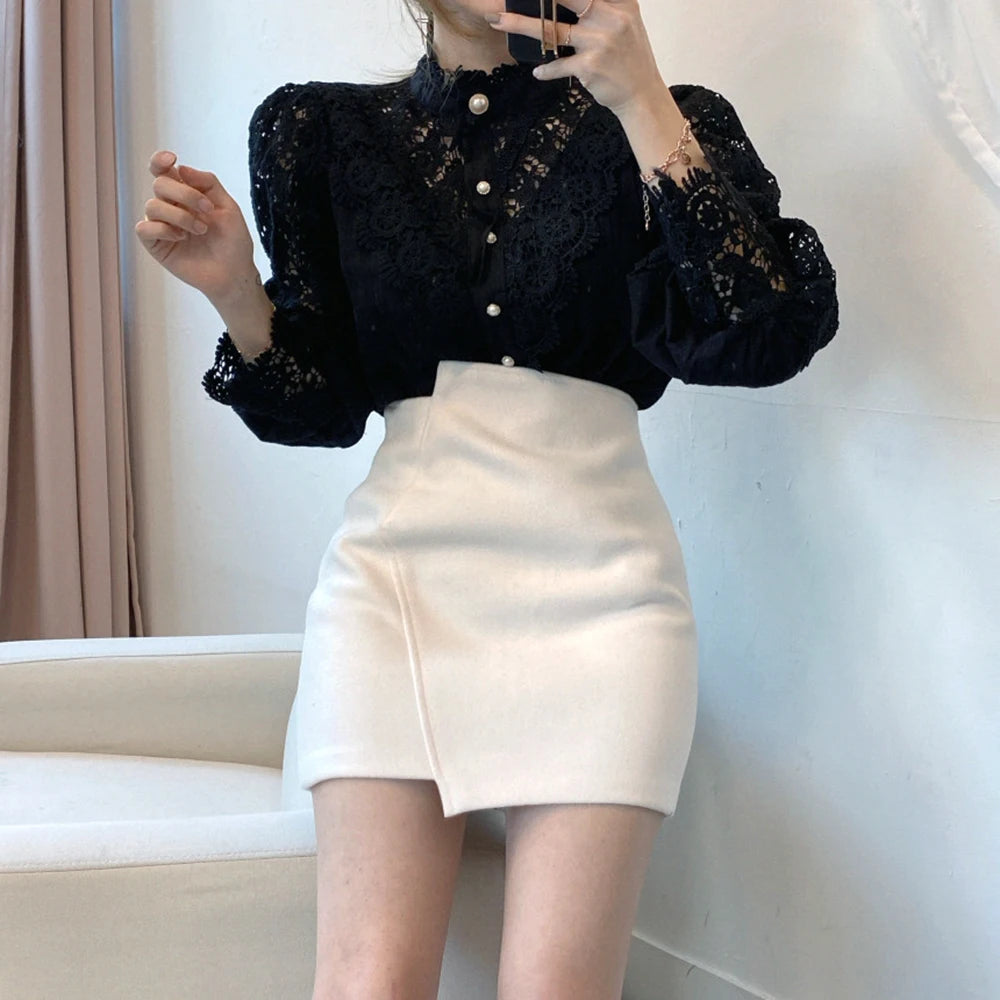 Women's Elegant Embroidery Lace Blouses Flower Petal Sleeve Hollow Out Stand Collar Tunic Spring Solid White Shirt Top For Women