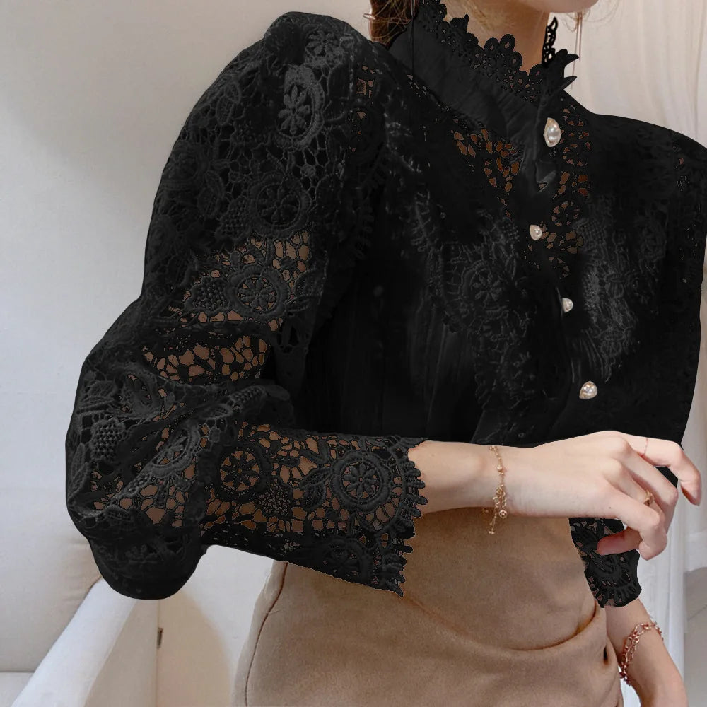 Women's Elegant Embroidery Lace Blouses Flower Petal Sleeve Hollow Out Stand Collar Tunic Spring Solid White Shirt Top For Women