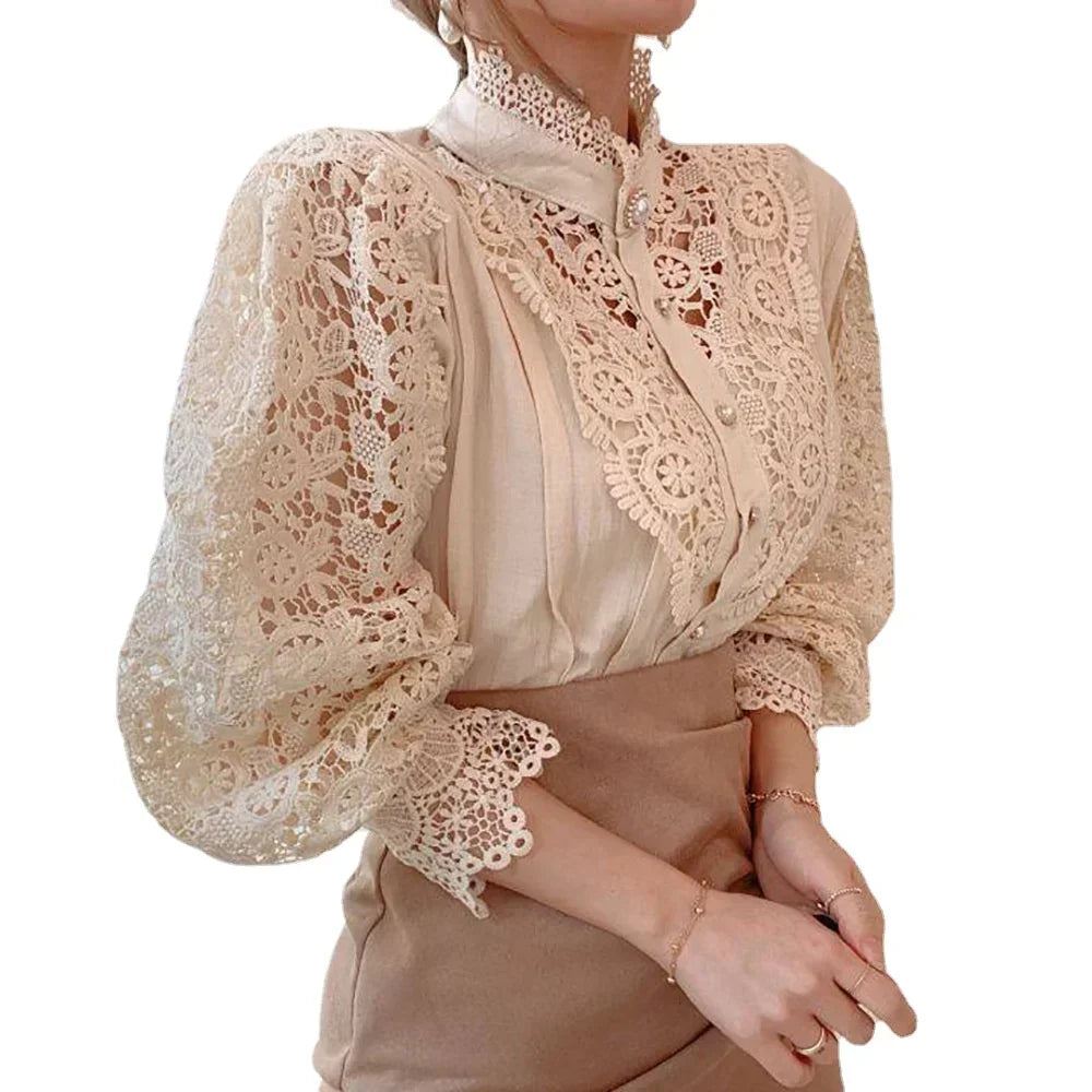 Women White Lace Blouse Big size Sexy Long Sleeve Lace Basic Shirt Top Spring Summer Korea Elegant Flower Blouse Office Outfit