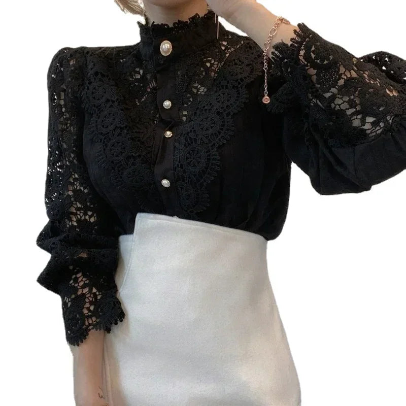 Women White Lace Blouse Big size Sexy Long Sleeve Lace Basic Shirt Top Spring Summer Korea Elegant Flower Blouse Office Outfit