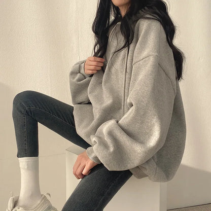 Women Hoodie Harajuku Loose Oversized Solid Color Top Half Zip Up Sweatshirt Female Casual Long Sleeve Pocket Hooded Coats 2024