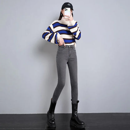 Women Thermal Jeans Winter Snow Warm Plush Stretch Jeans Lady Skinny Thicken Fleece Students Pants Female Retro Blue Trousers